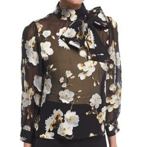 Alice + Olivia Violeta Sheer Floral-Print Bow-Neck Blouse Sz S